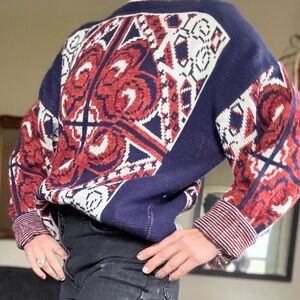 Vintage Geometric Sweater Mens XL Navy Rust Cream Slouchy Knit Sweatshirt